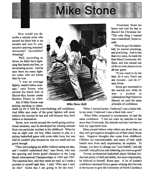 Article about Mike Stone. Includes a photo of him in karate uniform and text describing his life and accomplishments.