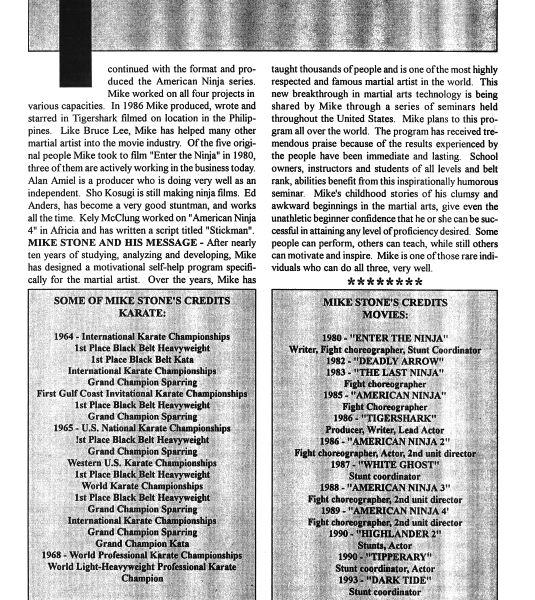 Article about Mike Stone, featuring his karate achievements and movie credits.