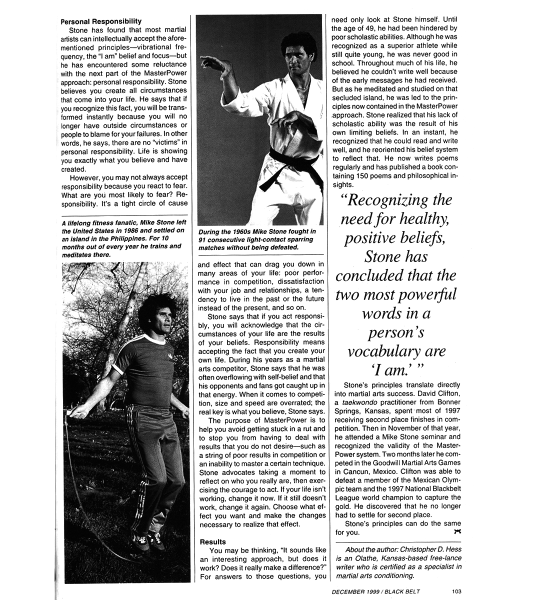 A black and white article with a photo of a karate practitioner in mid-action and a person skipping rope outside. 