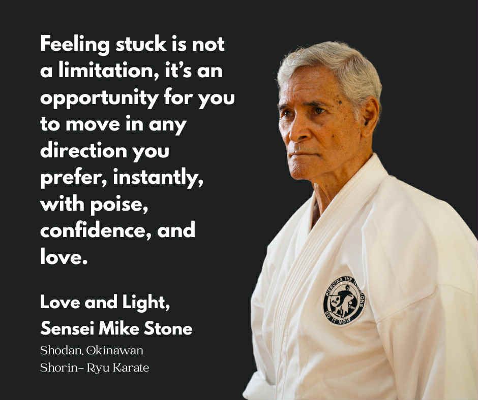 Sensei Mike Stone in a karate uniform with a quote: 