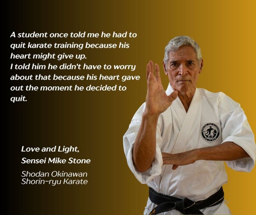 Sensei Mike Stone in karate uniform with a black belt, making a hand gesture. The text quotes him on quitting.