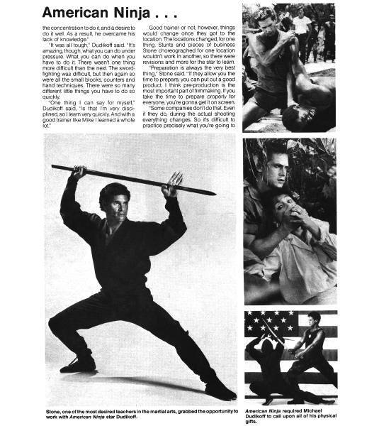 Actor in black ninja outfit poses with staff, interspersed with scenes from the film *American Ninja*.