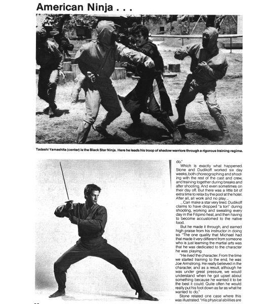 Top: Ninja fighting scene. Bottom: A man in a ninja uniform holds a sword in a combat stance.