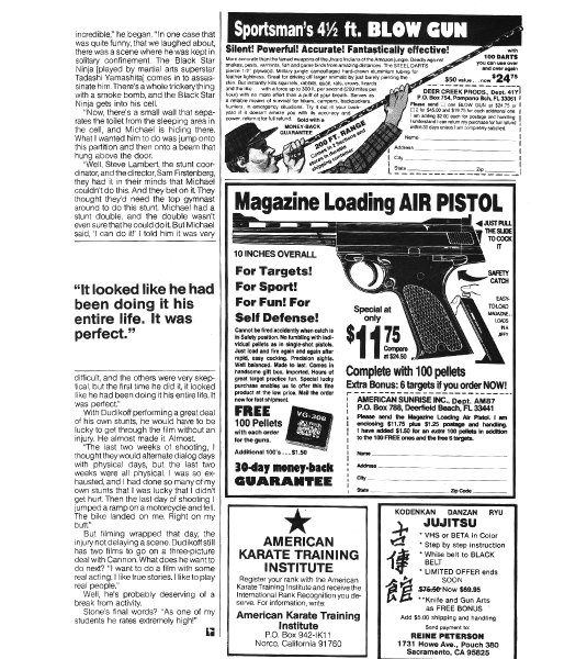 Advertisements for a blow gun, air pistol, American Karate Training Institute.