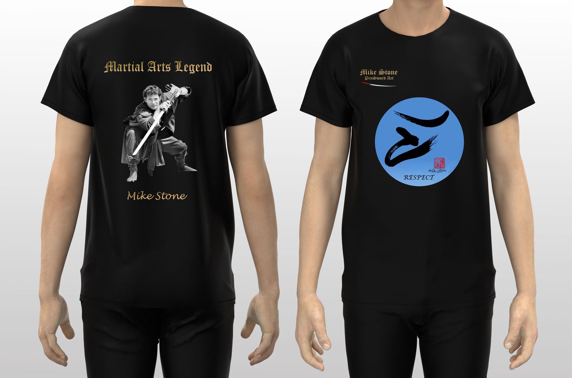 Black t-shirt mockup displaying front and back designs.