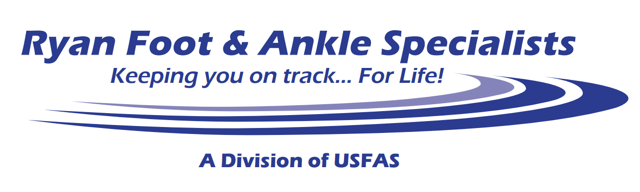 A logo for ryan foot and ankle specialists keeping you on track for life