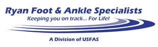 A logo for ryan foot and ankle specialists keeping you on track for life