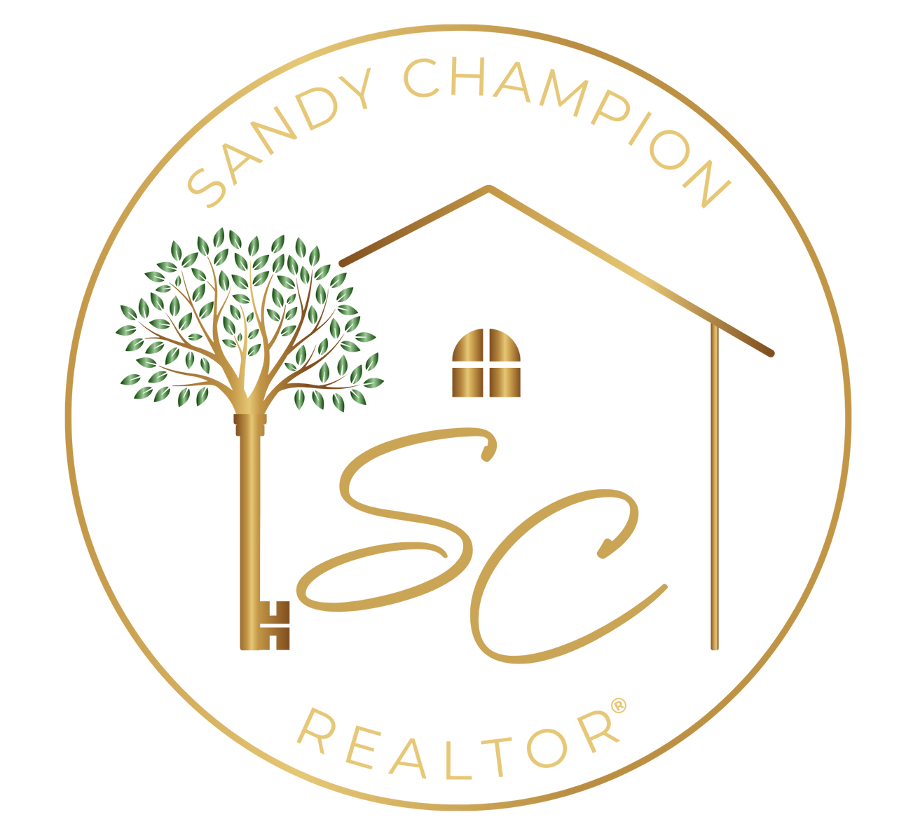 The logo for sandy champion realtor shows a house with a tree and a key.