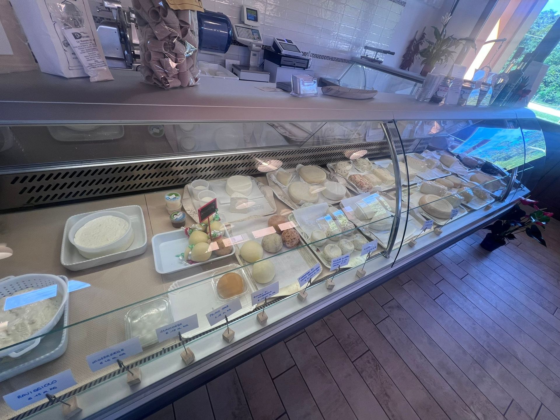 Una vetrina piena di formaggi di vario tipo in un negozio.