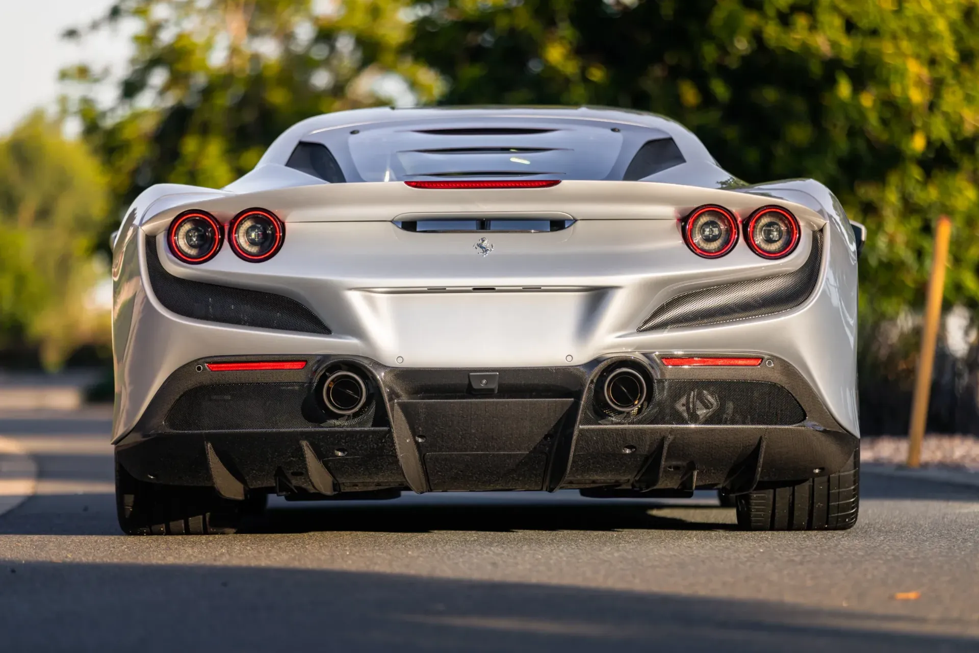 Silver Ferrari sports car, rear view, showing taillights and exhaust against a blurred green backdrop.