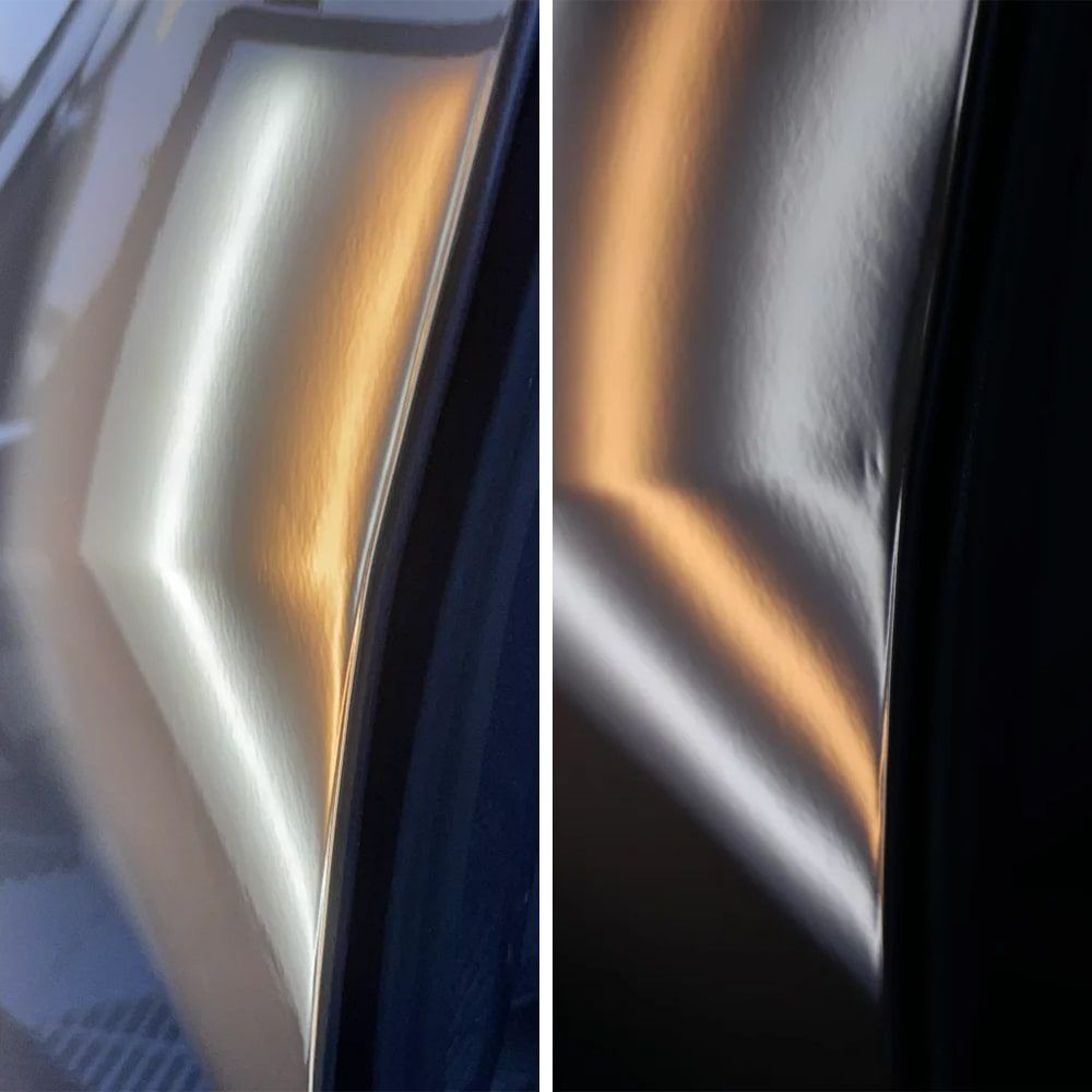 Two images showing a car door with a dent, reflecting light to highlight the damage.