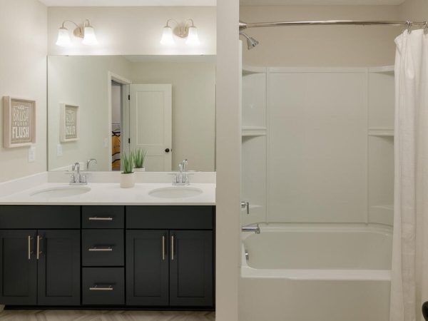 Modern bathroom with a double vanity, dark cabinets, and a tub/shower combo.
