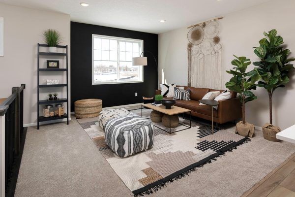 Living room with brown leather sofa, black accent wall, rug, and potted plants.