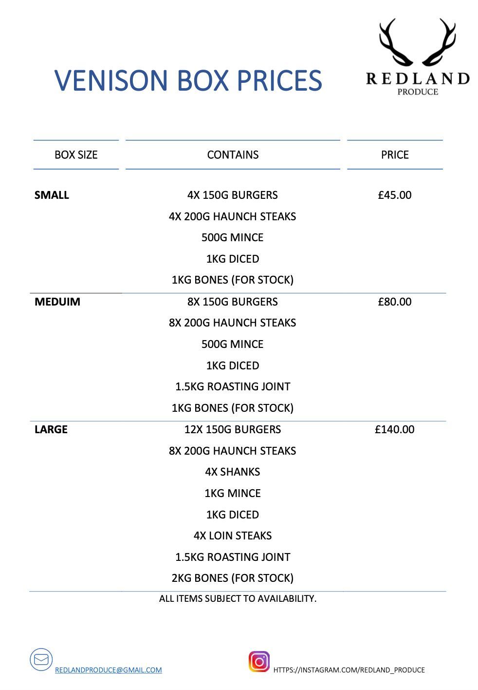 Venison box price list - click to download as PDF