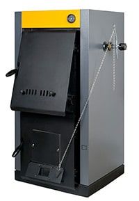 A black and yellow boiler with a chain attached to it.