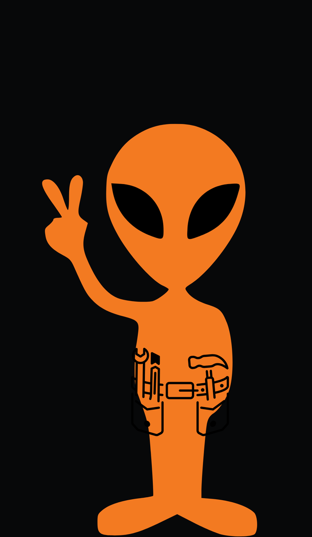 An orange alien giving a peace sign on a black background