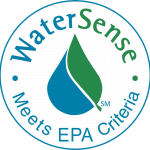 The logo for watersense meets epa criteria with a drop of water and a green leaf.