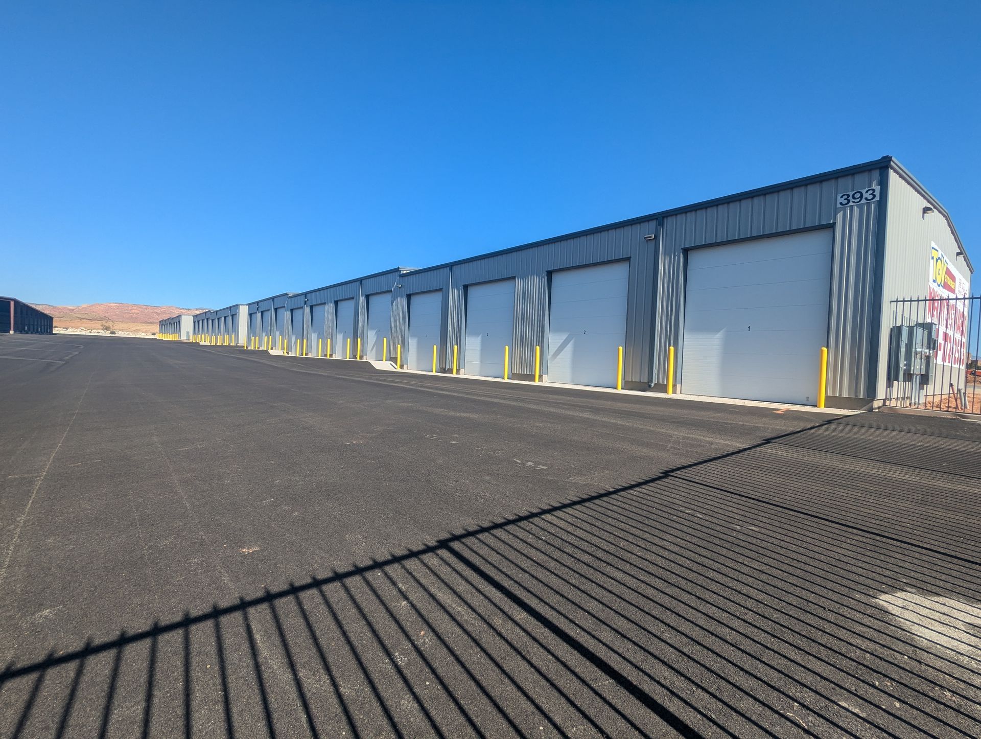 A row of storage units along a road