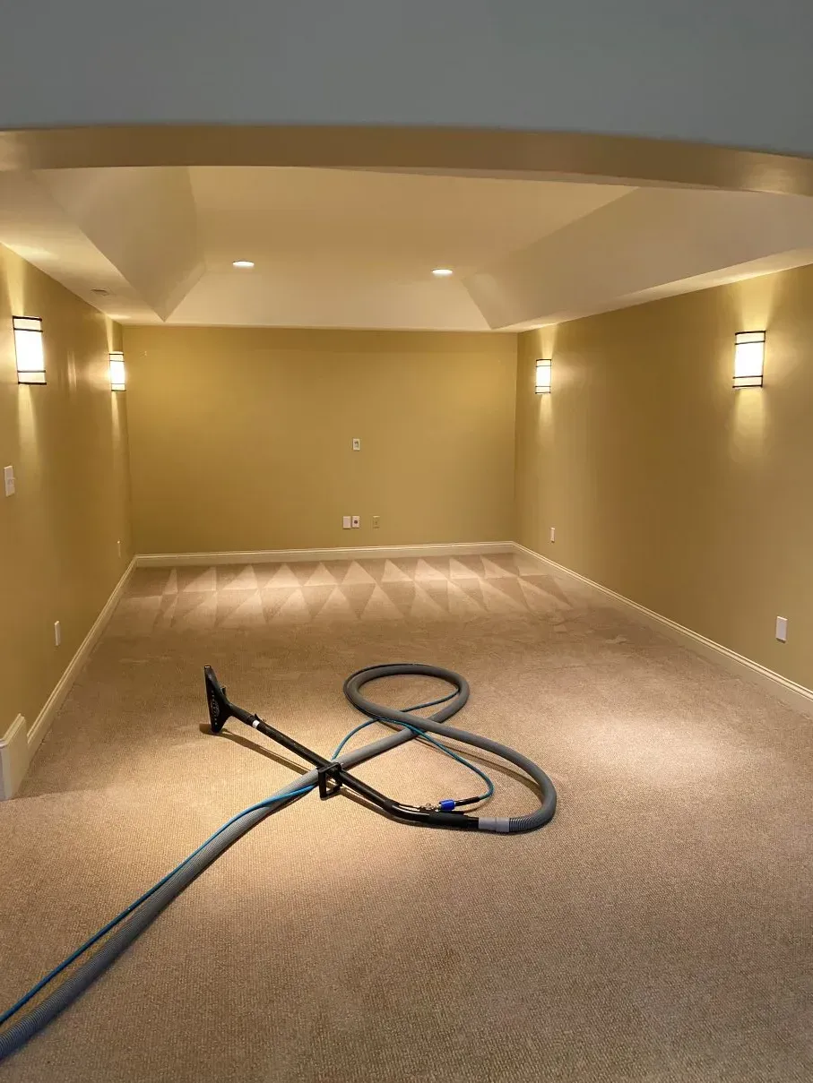 Carpeted room with beige walls and recessed lighting. A cleaning hose lies on the carpet.