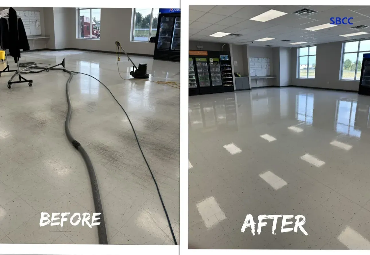 Before-and-after of a floor cleaning. The left shows a dull floor with equipment; the right, a shiny, clean floor.