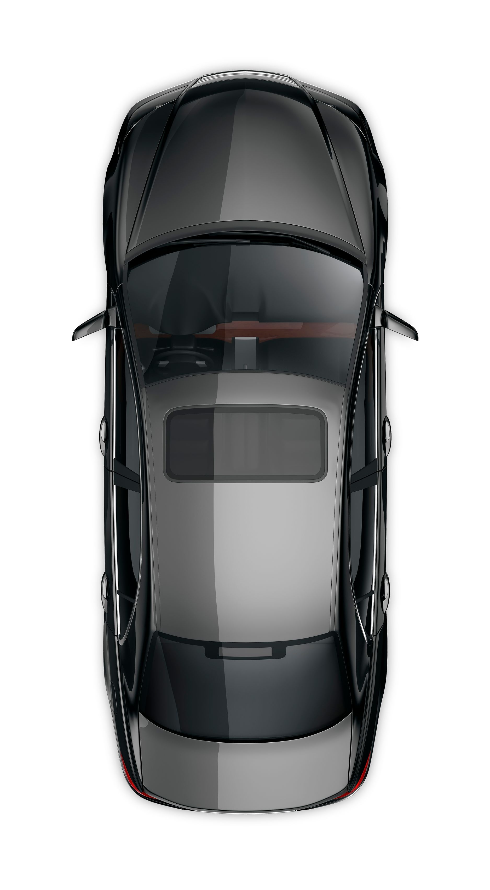 Una vista aerea di un'auto con tettuccio apribile su uno sfondo bianco.