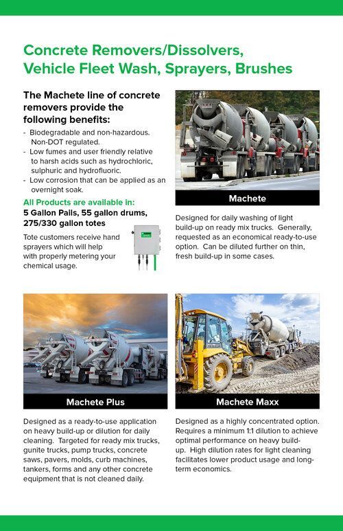 A brochure about concrete remover / dissolver , vehicle fleet wash , sprayers , brushes.