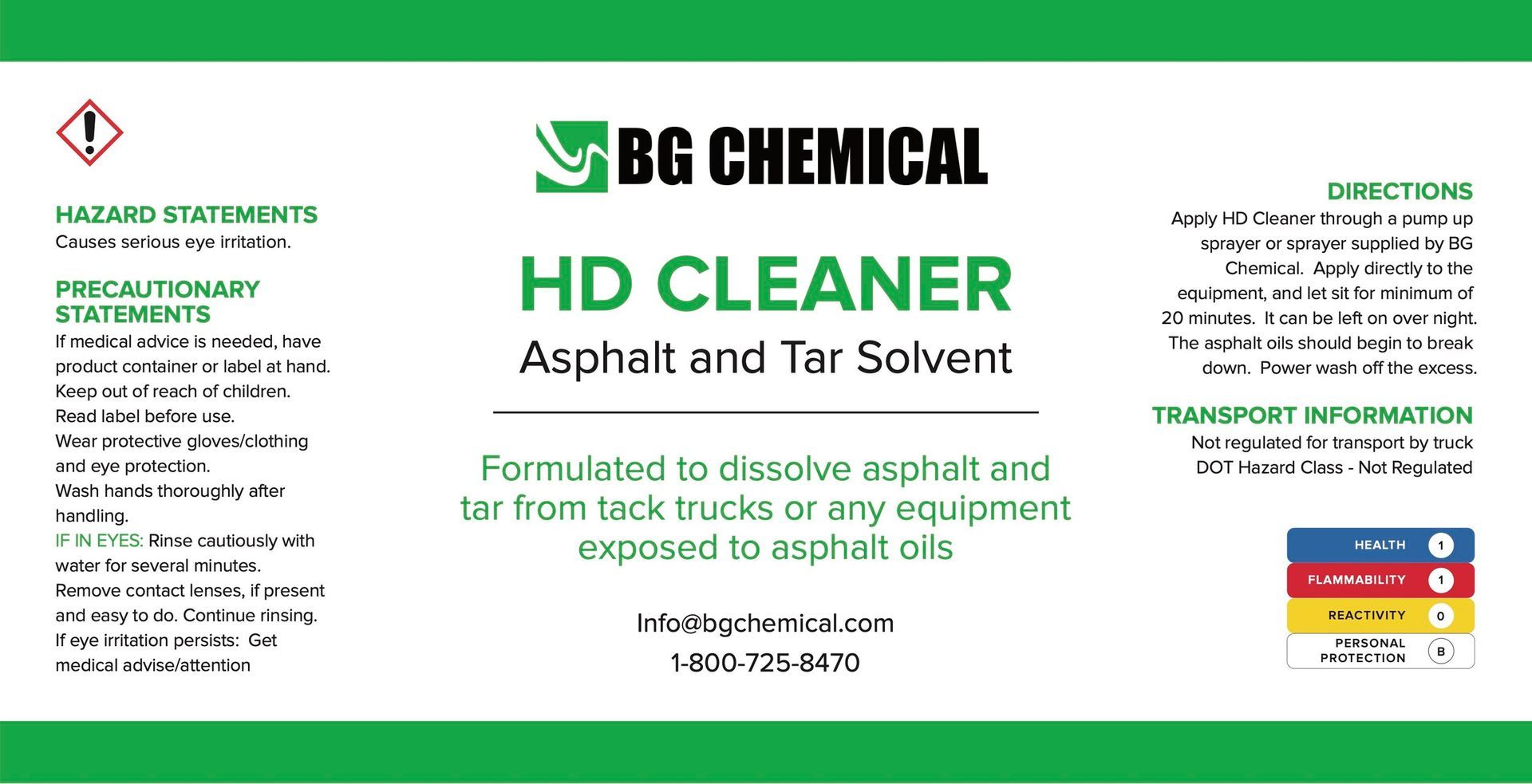 A bottle of bg chemical hd cleaner asphalt and tar solvent