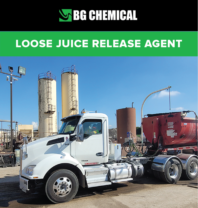 A white semi truck is parked in front of a bg chemical loose juice release agent