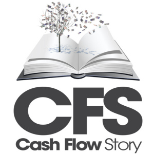 A logo for cfs cash flow story with an open book