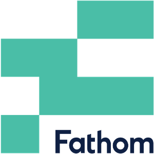 The logo for fathom is a green and white checkered square.