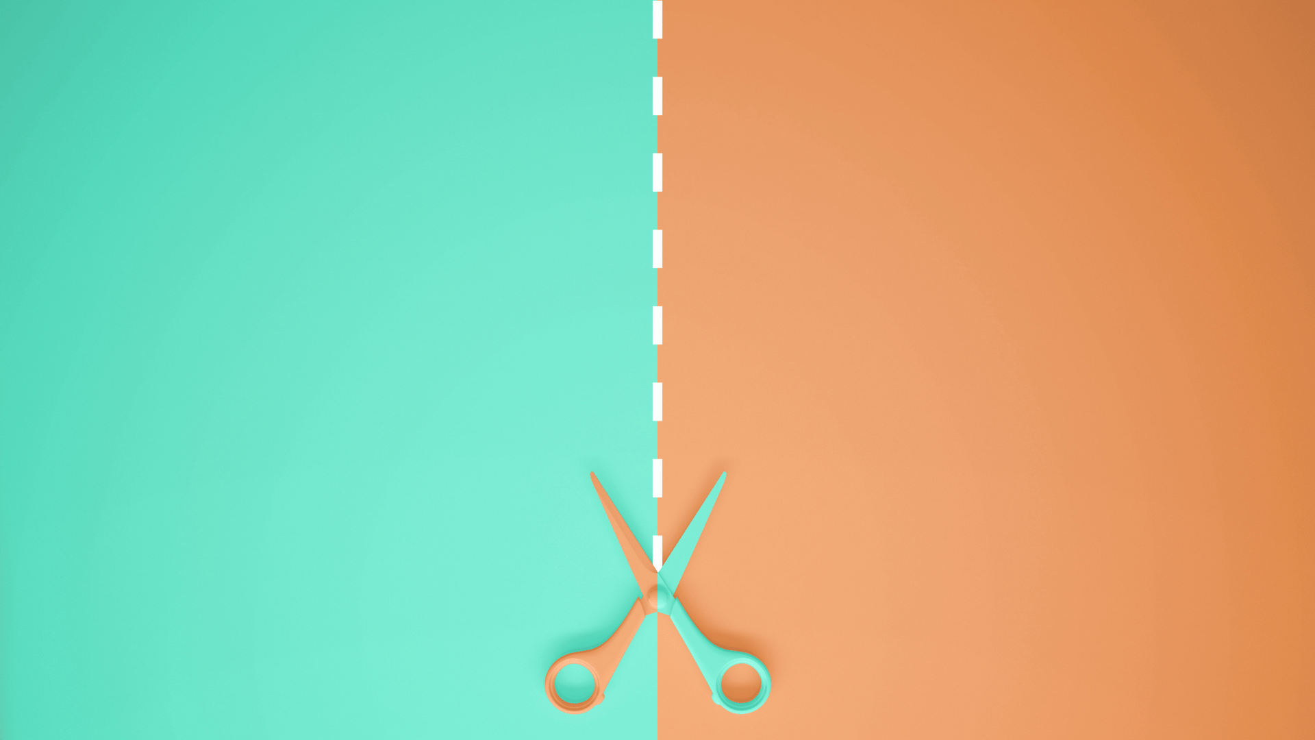 A pair of scissors is cutting a piece of paper on a blue and orange background.