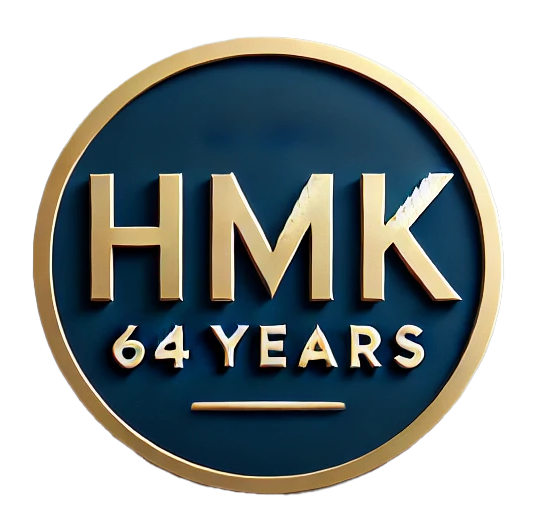 A logo for hmk 64 years is shown on a white background