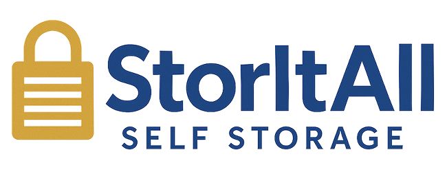 Logo for StorItAll Self Storage, featuring a gold padlock and blue text.