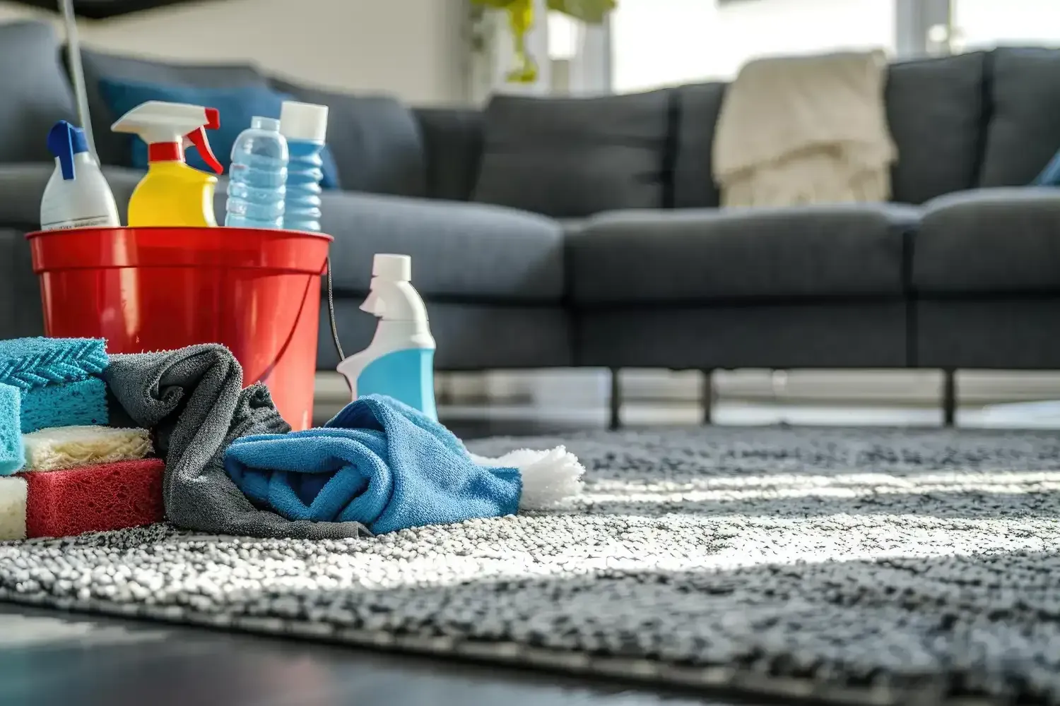 Cleaning supplies in a red bucket on a carpeted floor, near a gray sectional sofa.