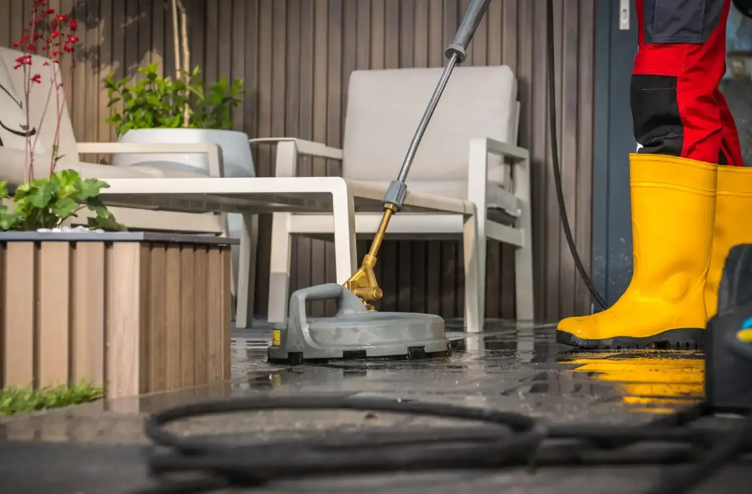 Person using a pressure washer on a patio, wearing yellow boots.