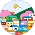 Colorful cartoon town with houses against a mountain and sunny sky.