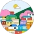 Colorful cartoon town with houses against a mountain and sunny sky.