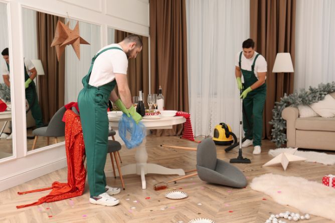 Two people in green overalls cleaning a messy living room after a party.