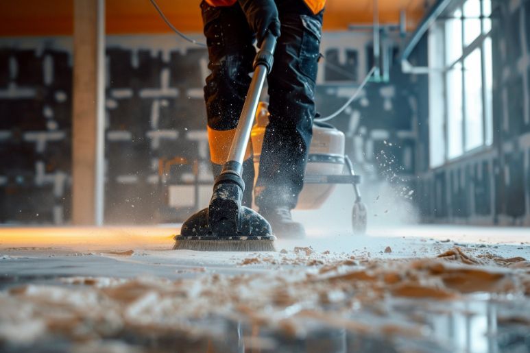 Person using a floor grinder in an unfinished room, creating dust.
