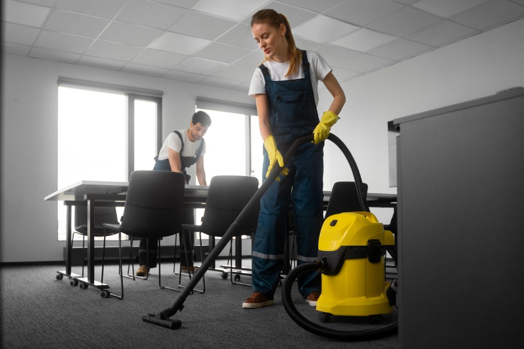 Two people in blue overalls cleaning an office. One vacuums carpet, another dusts a table.
