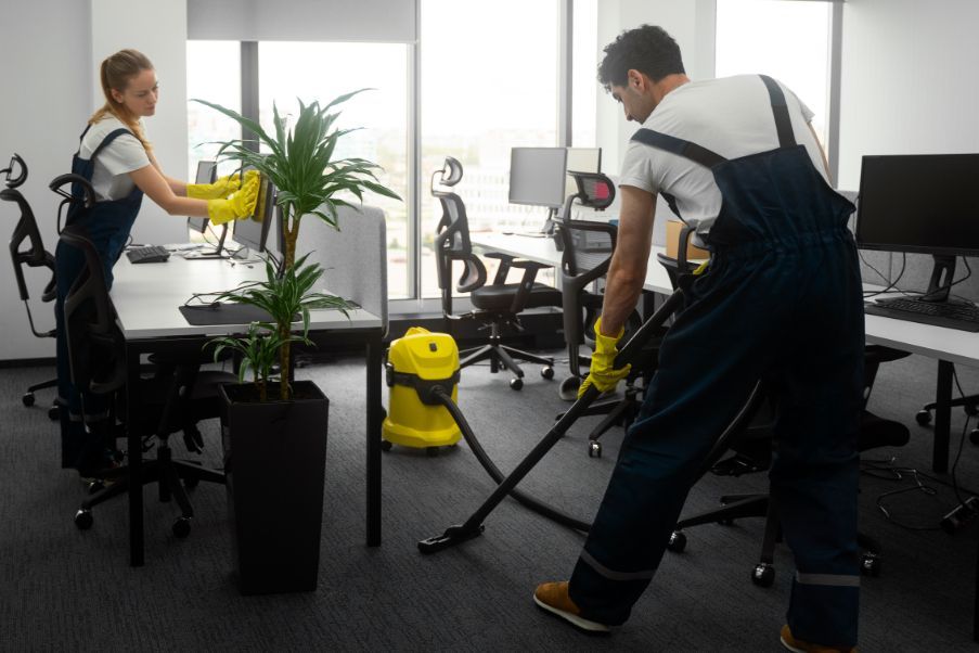 Two people cleaning an office: one dusting plants, the other vacuuming the carpet.