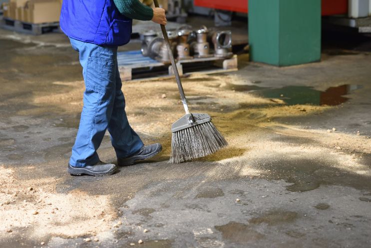 Person sweeping a floor with a broom. Industrial setting, concrete floor, blue vest, and jeans.
