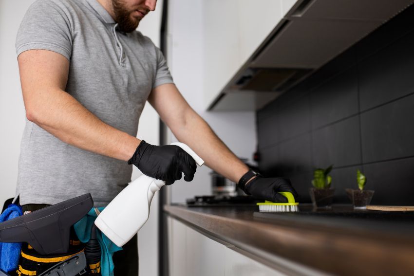 Person cleaning kitchen countertop with spray bottle and scrub brush.