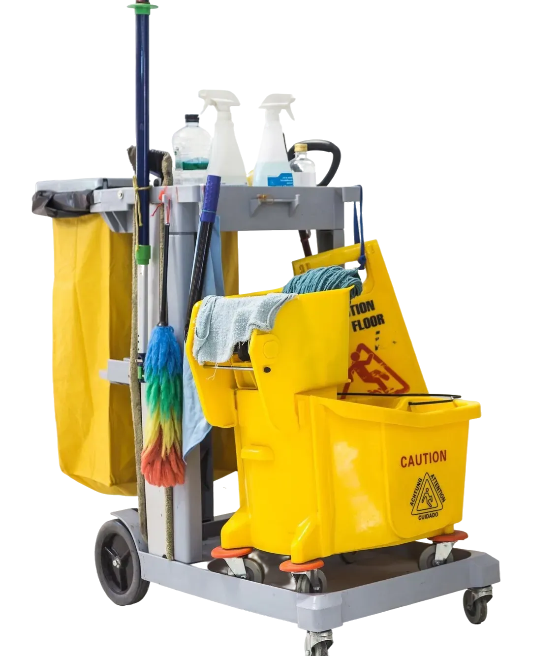 Yellow cleaning cart with mop bucket, spray bottles, and supplies.