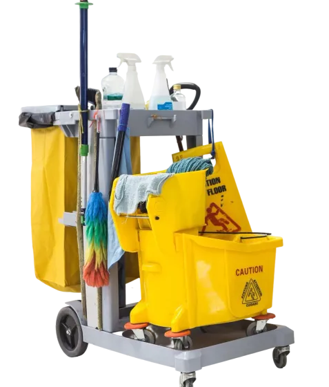Yellow cleaning cart with mop bucket, spray bottles, and supplies.