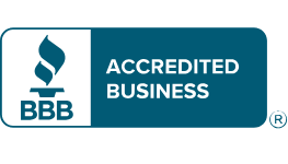 BBB Accredited Business logo, blue and white. Contains a flame symbol and the words 
