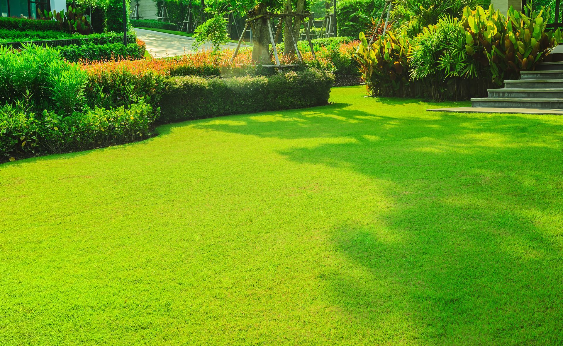 Lush green lawn with trimmed shrubs and trees, sunlight casting shadows.