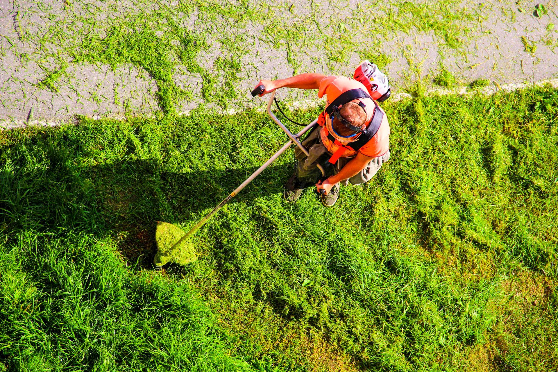 Person using a string trimmer to cut grass next to a sidewalk, overhead view.