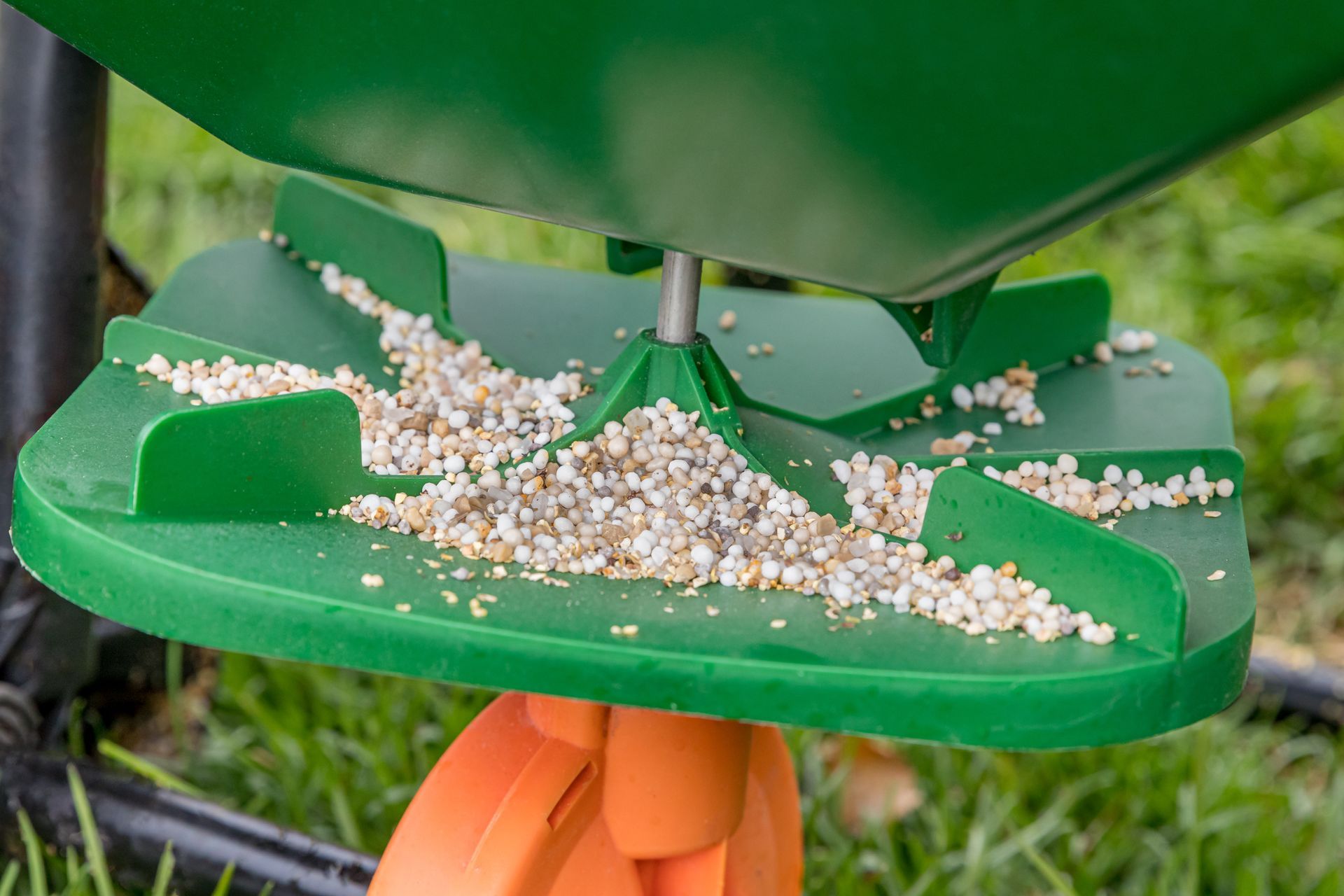 Green fertilizer spreader dispensing granules onto a green tray, outdoors.