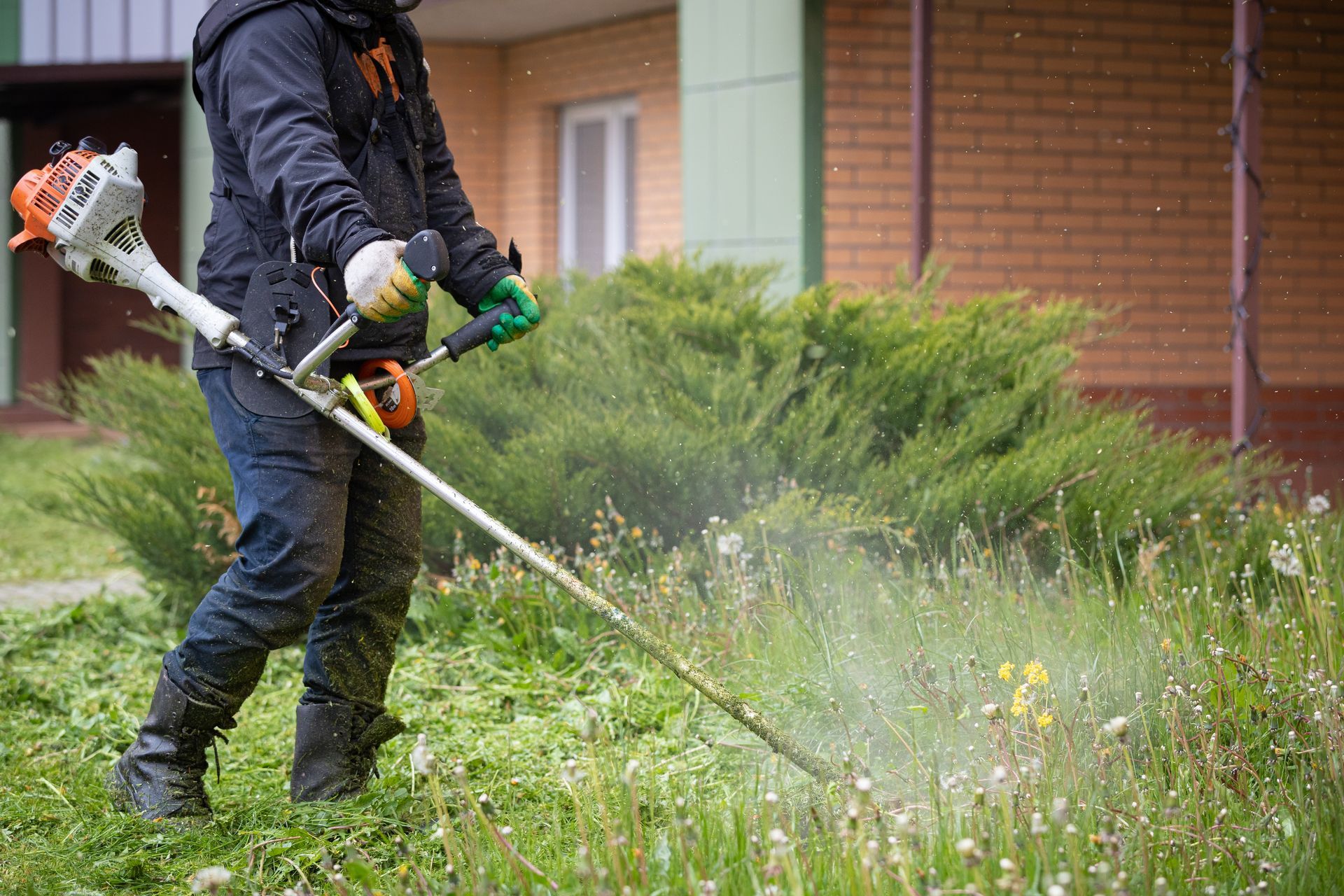 Person using a string trimmer to cut tall grass in front of a building.